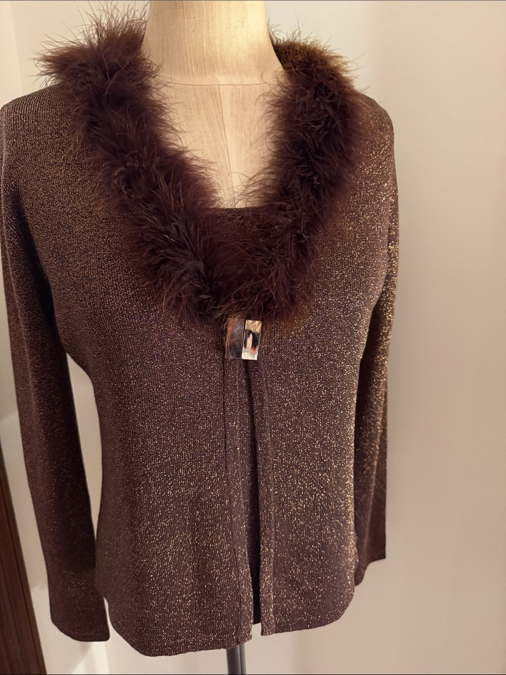 Joseph A Brown Metallic Knit Cardigan with Feather Trim